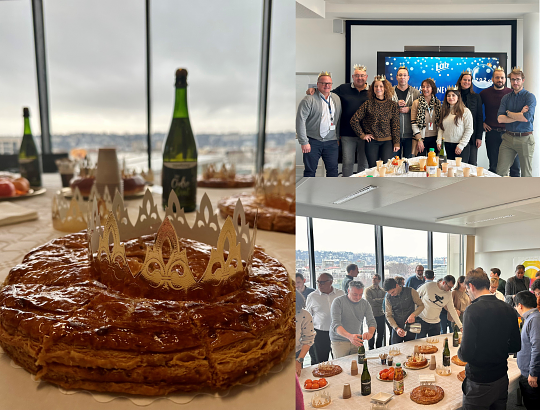 Équipe LAB réunie pour la galette des rois dans les bureaux de Lyon en 2026
