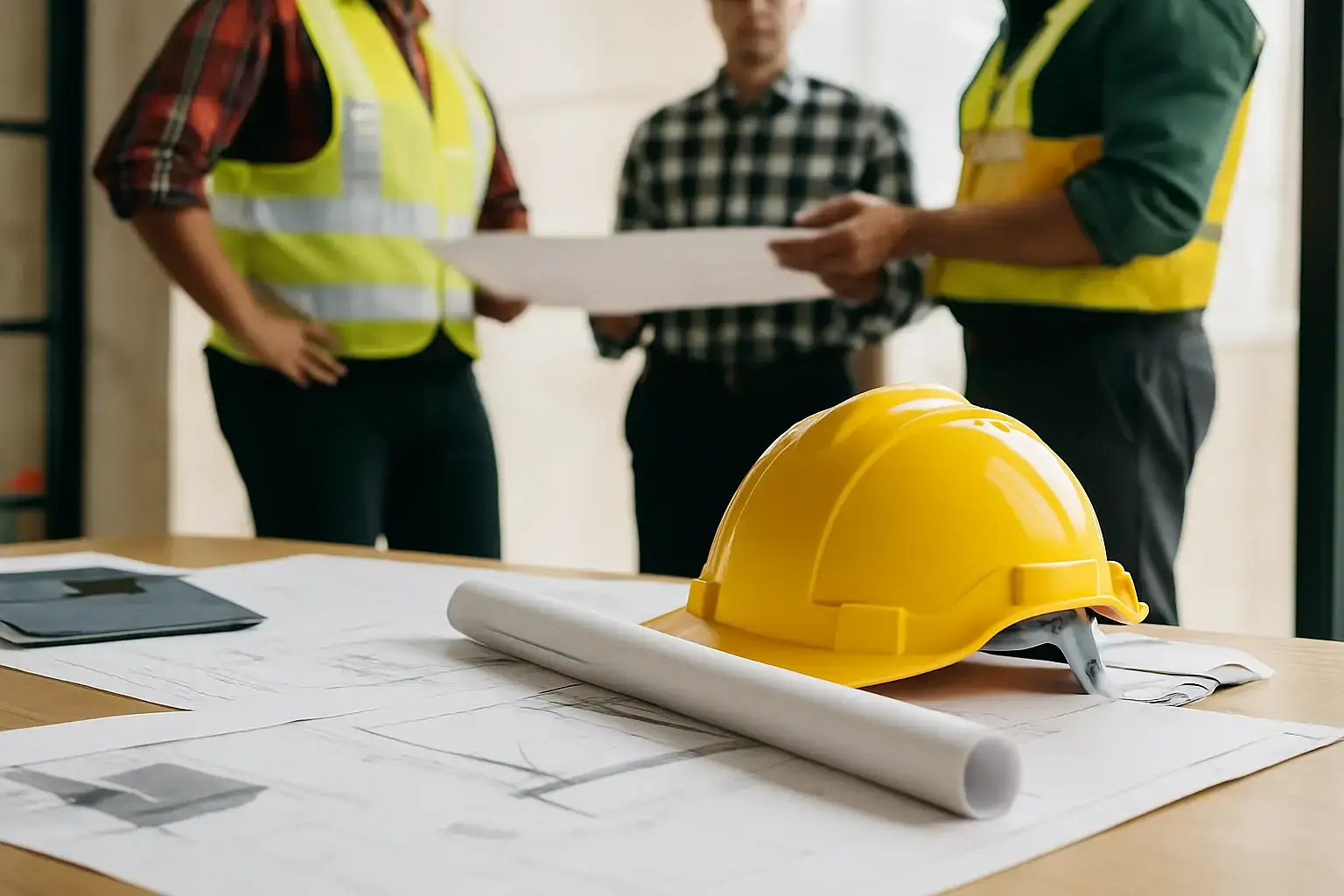 Experts en ingénierie travaillant sur des plans industriels pour des solutions de traitement des fumées et réduction des émissions